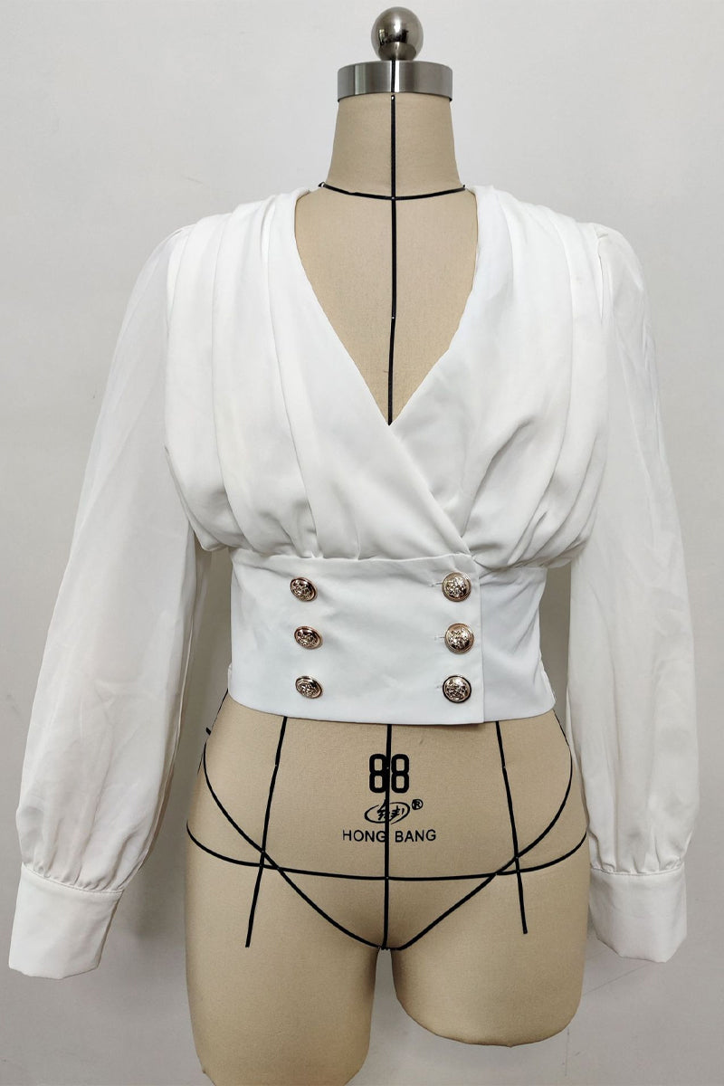 Blusas elegantes de color liso con cuello en V y botones para uso diario (4 colores)