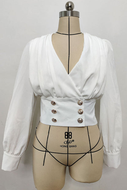 Blusas elegantes de color liso con cuello en V y botones para uso diario (4 colores)