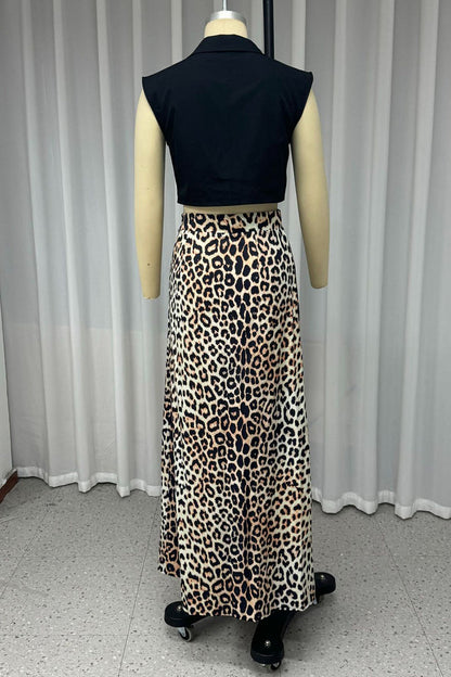 Conjunto informal de dos piezas con estampado de leopardo, escote en V y sin mangas