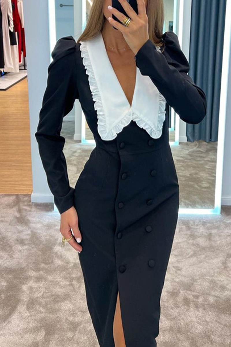 Vestidos elegantes de celebridades con aberturas en contraste, cuello Peter Pan y falda de un solo paso