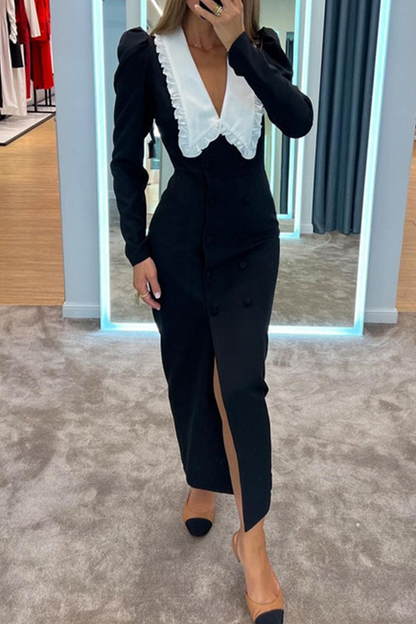 Vestidos elegantes de celebridades con aberturas en contraste, cuello Peter Pan y falda de un solo paso