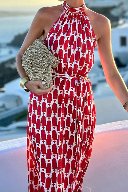 Vestidos elegantes de vacaciones con estampado geométrico, encaje, abertura en contraste, cuello halter, sin mangas
