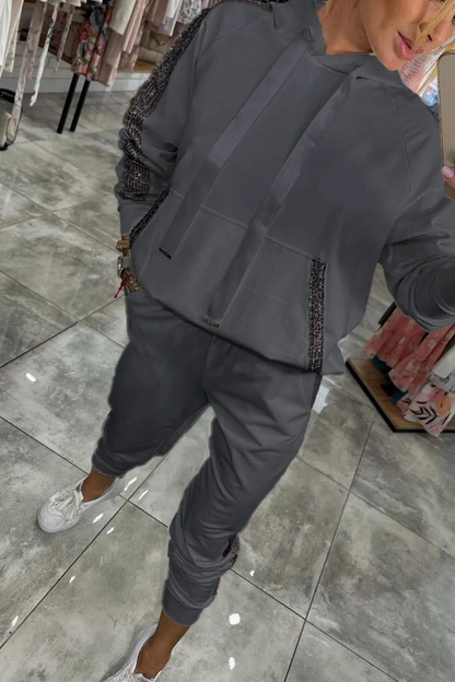 Conjunto informal de dos piezas con capucha, manga larga, lentejuelas, bolsillo con cordón y cierre de cordón (5 colores)