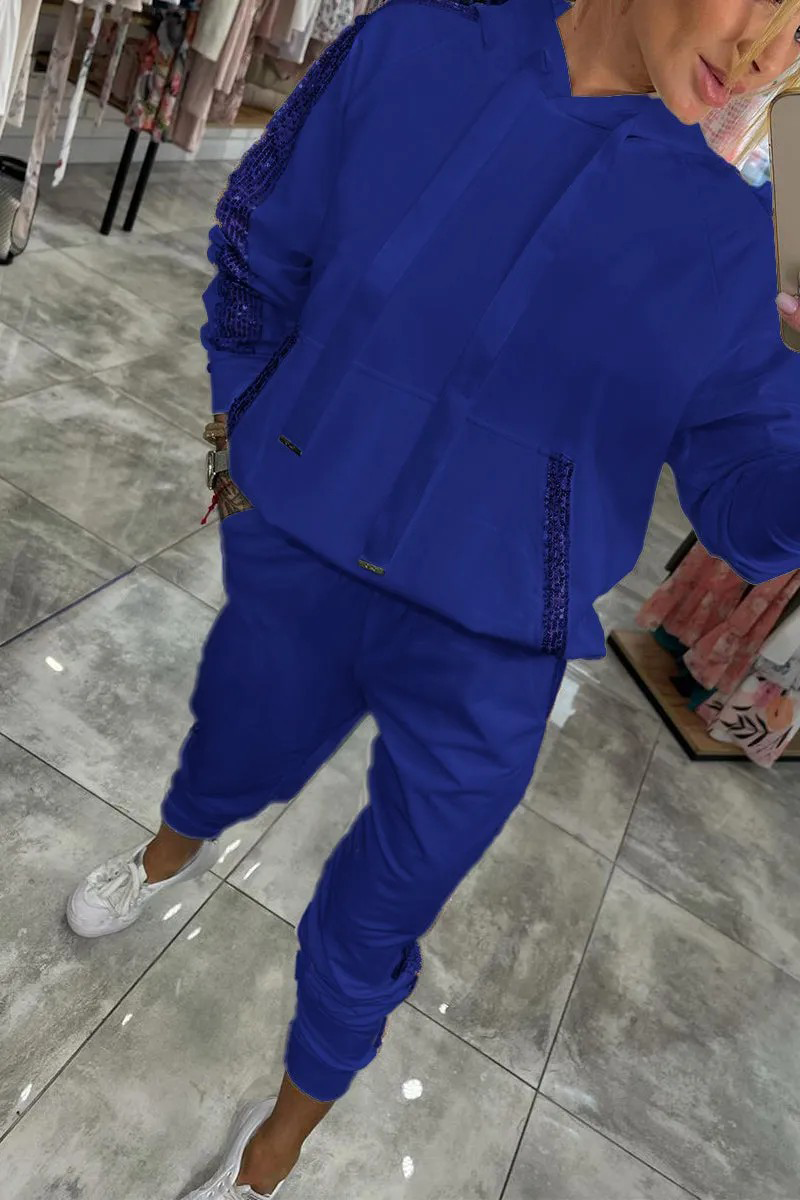 Conjunto informal de dos piezas con capucha, manga larga, lentejuelas, bolsillo con cordón y cierre de cordón (5 colores)