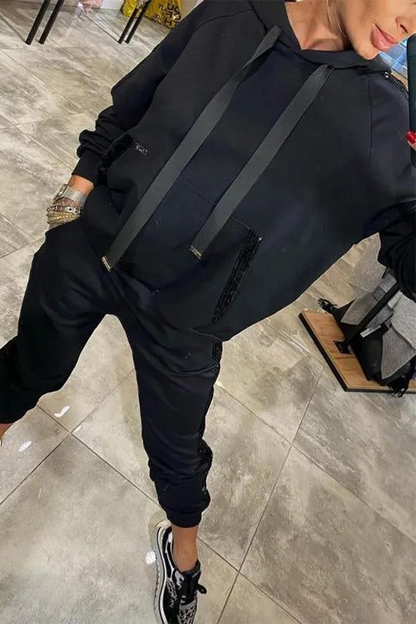 Conjunto informal de dos piezas con capucha, manga larga, lentejuelas, bolsillo con cordón y cierre de cordón (5 colores)