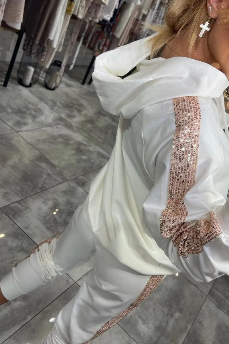 Conjunto informal de dos piezas con capucha, manga larga, lentejuelas, bolsillo con cordón y cierre de cordón (5 colores)