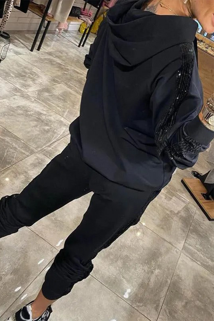 Conjunto informal de dos piezas con capucha, manga larga, lentejuelas, bolsillo con cordón y cierre de cordón (5 colores)