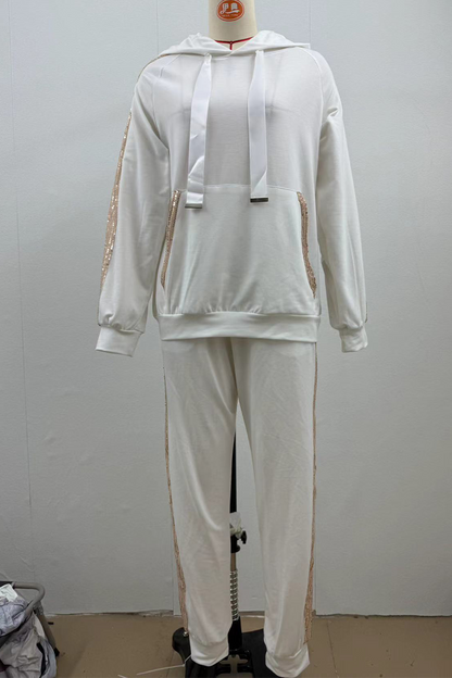 Conjunto informal de dos piezas con capucha, manga larga, lentejuelas, bolsillo con cordón y cierre de cordón (5 colores)