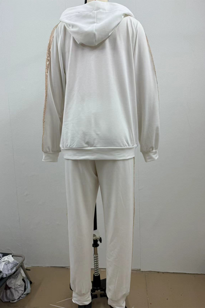 Conjunto informal de dos piezas con capucha, manga larga, lentejuelas, bolsillo con cordón y cierre de cordón (5 colores)