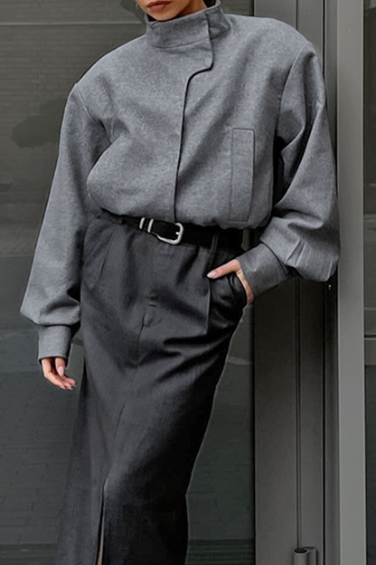 Prendas de abrigo informales con cuello mandarín grueso y botones de bolsillo