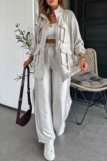 Conjunto informal de dos piezas con cuello mandarín fruncido y bolsillos, manga larga (6 colores)