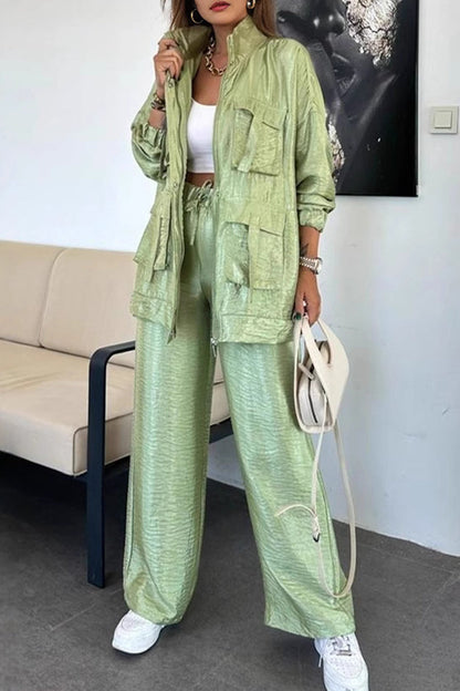 Conjunto informal de dos piezas con cuello mandarín fruncido y bolsillos, manga larga (6 colores)