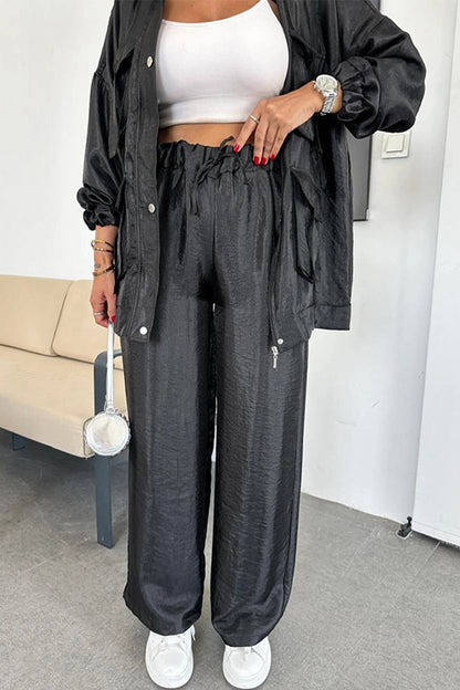 Conjunto informal de dos piezas con cuello mandarín fruncido y bolsillos, manga larga (6 colores)