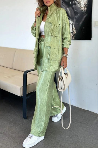 Conjunto informal de dos piezas con cuello mandarín fruncido y bolsillos, manga larga (6 colores)
