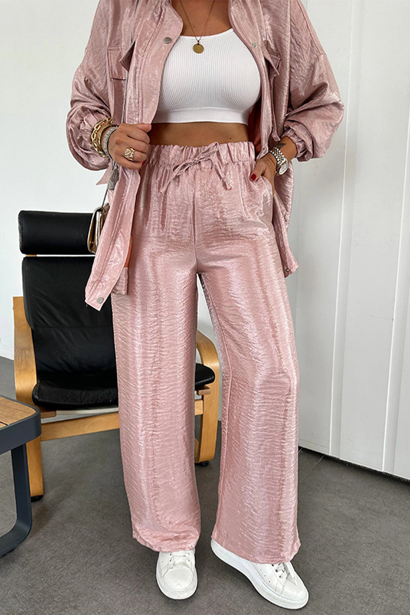 Conjunto informal de dos piezas con cuello mandarín fruncido y bolsillos, manga larga (6 colores)