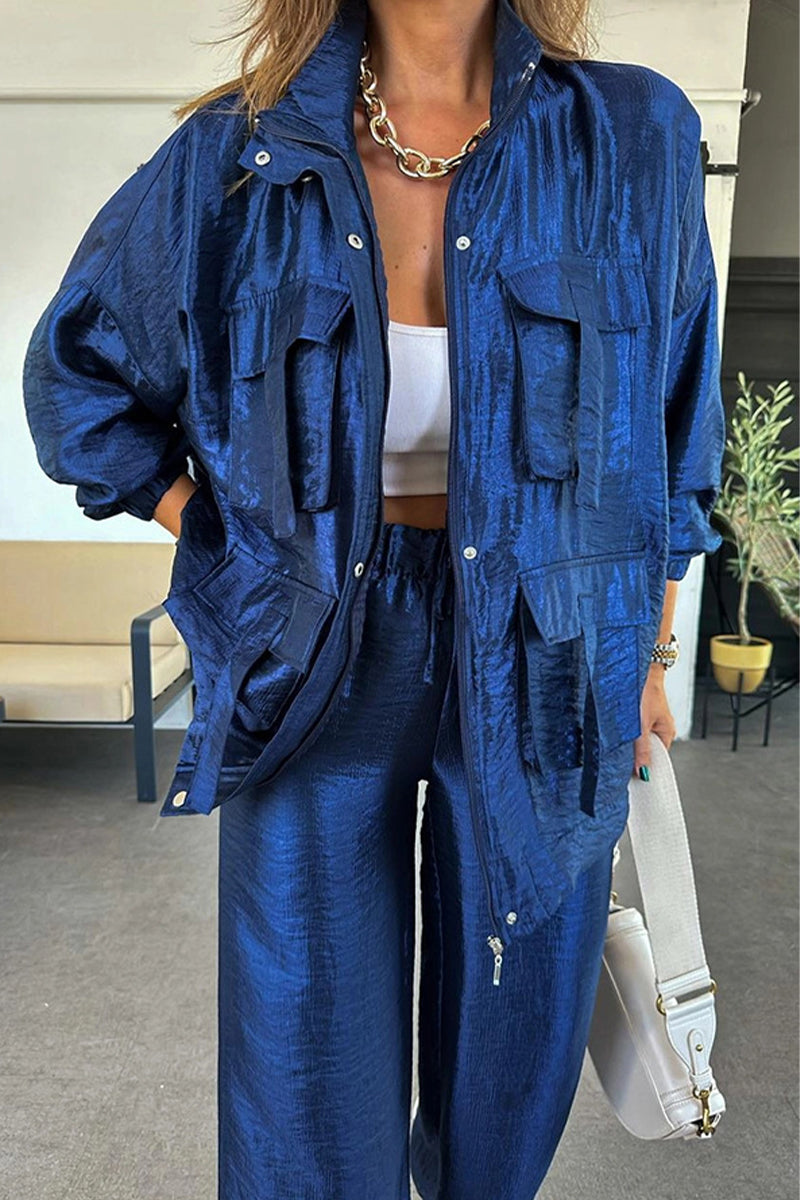 Conjunto informal de dos piezas con cuello mandarín fruncido y bolsillos, manga larga (6 colores)