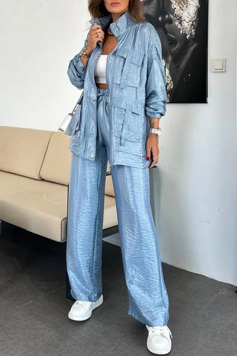 Conjunto informal de dos piezas con cuello mandarín fruncido y bolsillos, manga larga (6 colores)