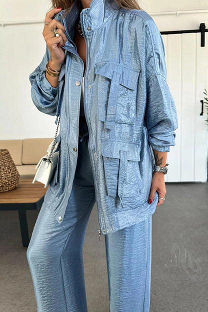 Conjunto informal de dos piezas con cuello mandarín fruncido y bolsillos, manga larga (6 colores)