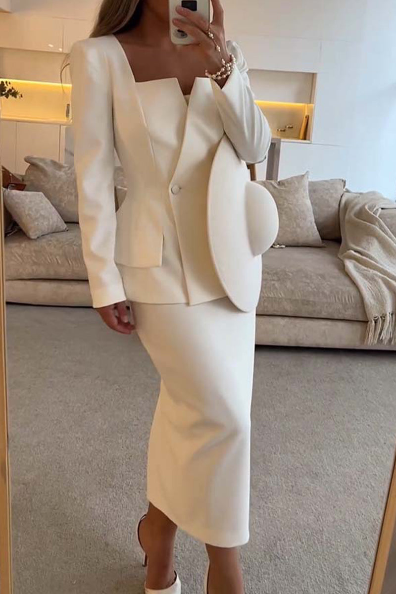 Elegante conjunto de dos piezas con botones, volantes, cuello cuadrado y manga larga