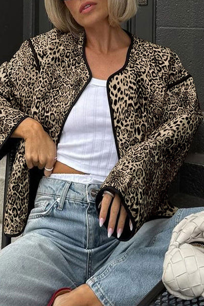 Prendas de abrigo informales de cuello redondo con estampado de leopardo y bolsillos (3 colores)