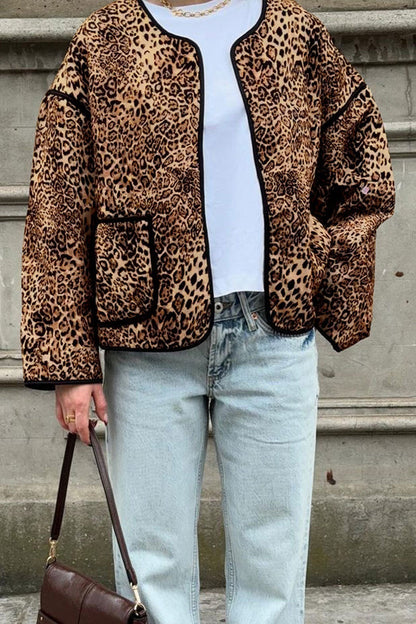 Prendas de abrigo informales de cuello redondo con estampado de leopardo y bolsillos (3 colores)