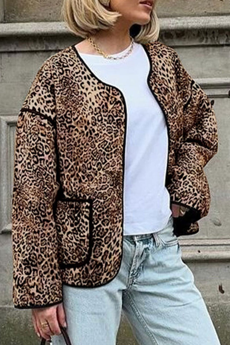 Prendas de abrigo informales de cuello redondo con estampado de leopardo y bolsillos (3 colores)
