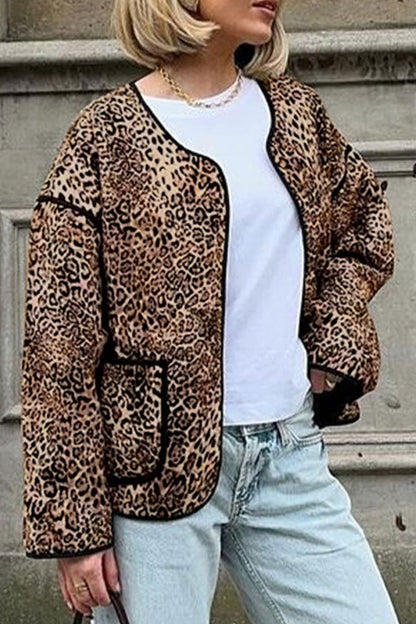 Prendas de abrigo informales de cuello redondo con estampado de leopardo y bolsillos (3 colores)