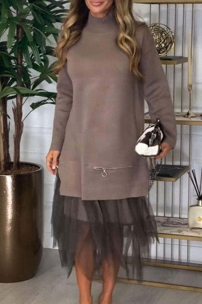 Conjunto informal de dos piezas con cuello alto y abertura, manga larga (7 colores)