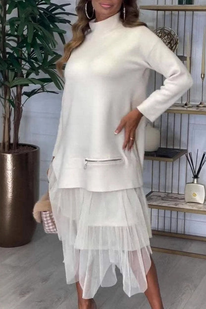 Conjunto informal de dos piezas con cuello alto y abertura, manga larga (7 colores)