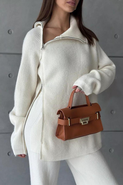 Conjunto informal de dos piezas con cuello con cremallera y manga larga para uso diario (6 colores)