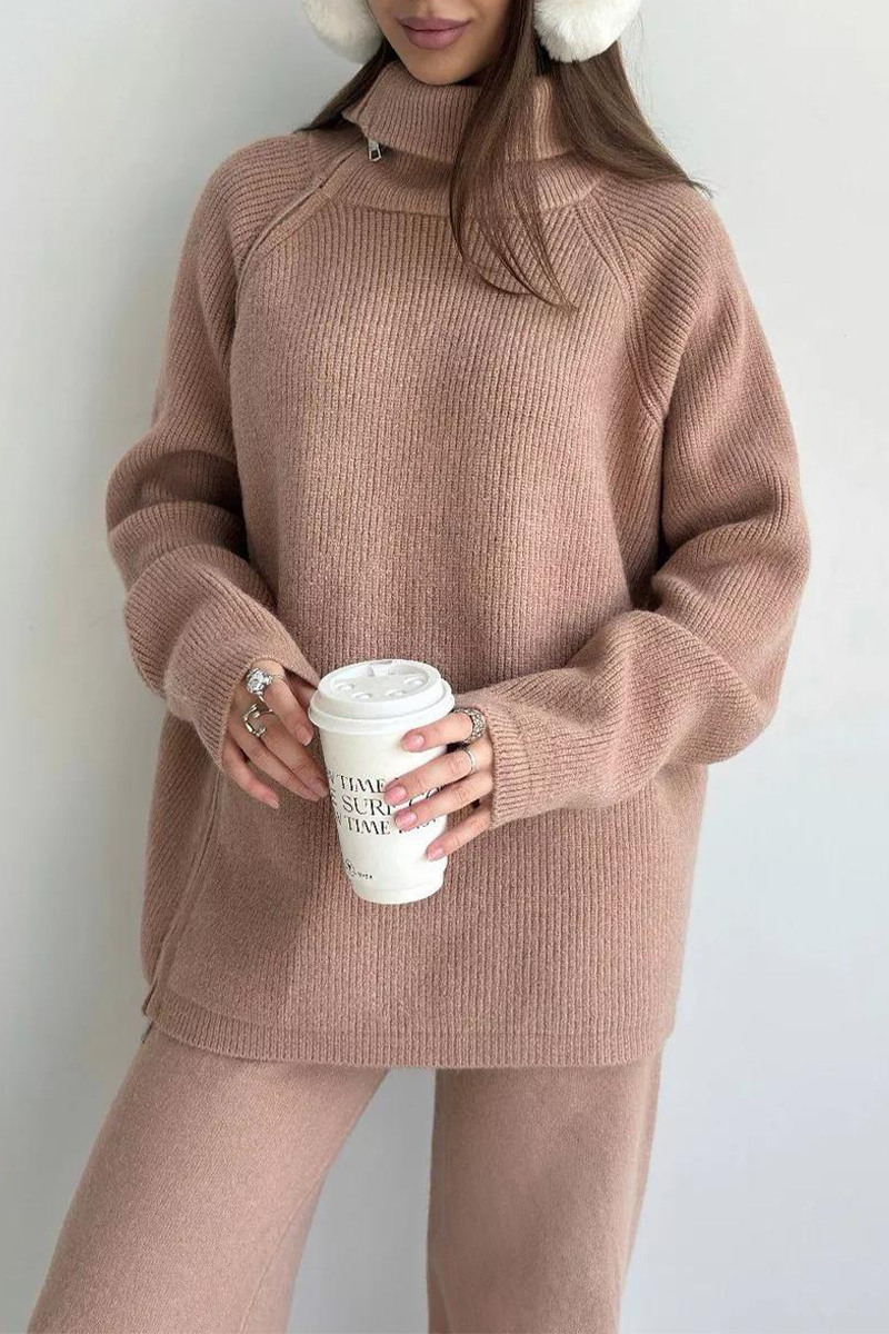 Conjunto informal de dos piezas con cuello con cremallera y manga larga para uso diario (6 colores)