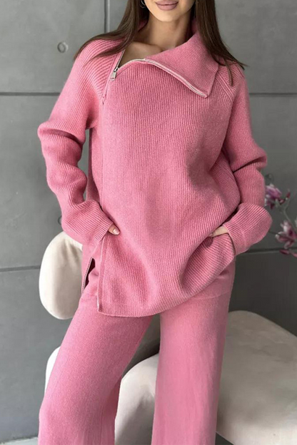 Conjunto informal de dos piezas con cuello con cremallera y manga larga para uso diario (6 colores)