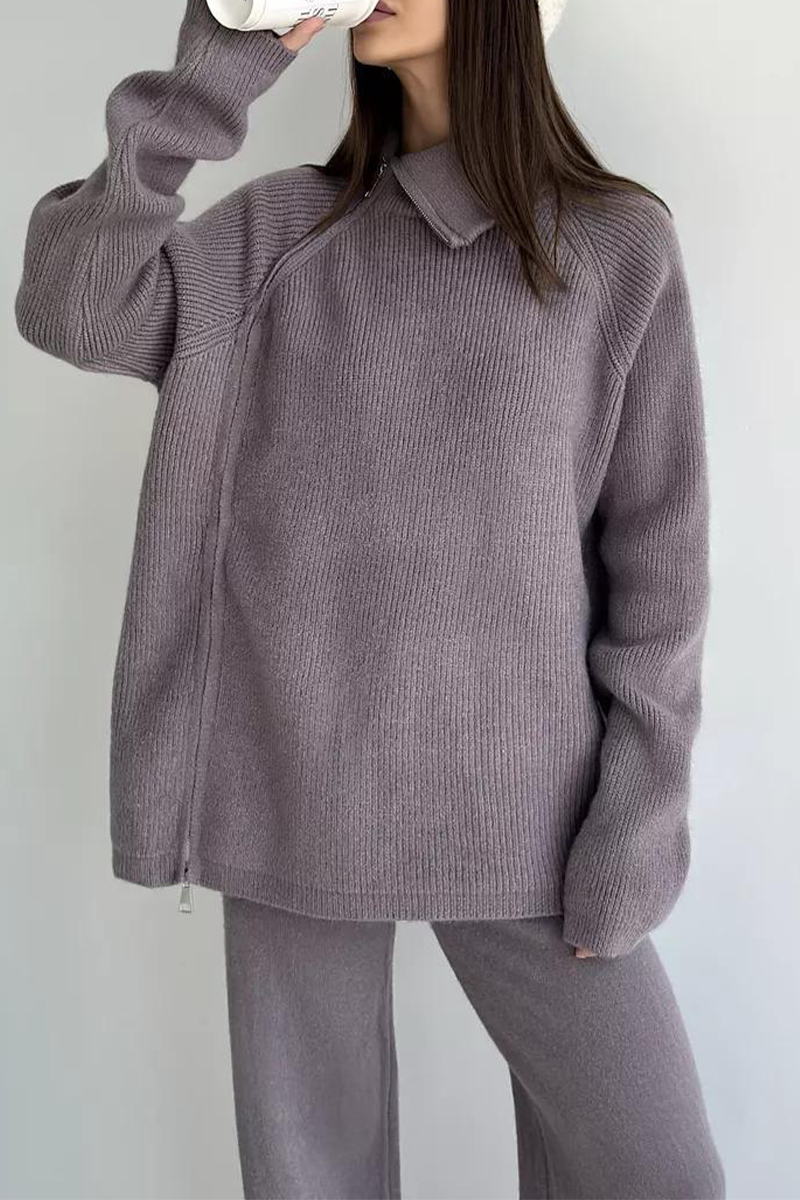 Conjunto informal de dos piezas con cuello con cremallera y manga larga para uso diario (6 colores)