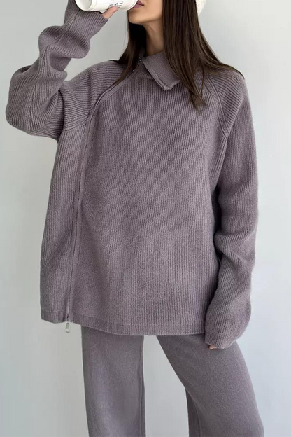 Conjunto informal de dos piezas con cuello con cremallera y manga larga para uso diario (6 colores)