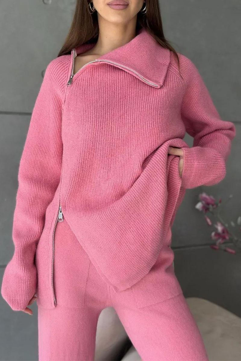 Conjunto informal de dos piezas con cuello con cremallera y manga larga para uso diario (6 colores)