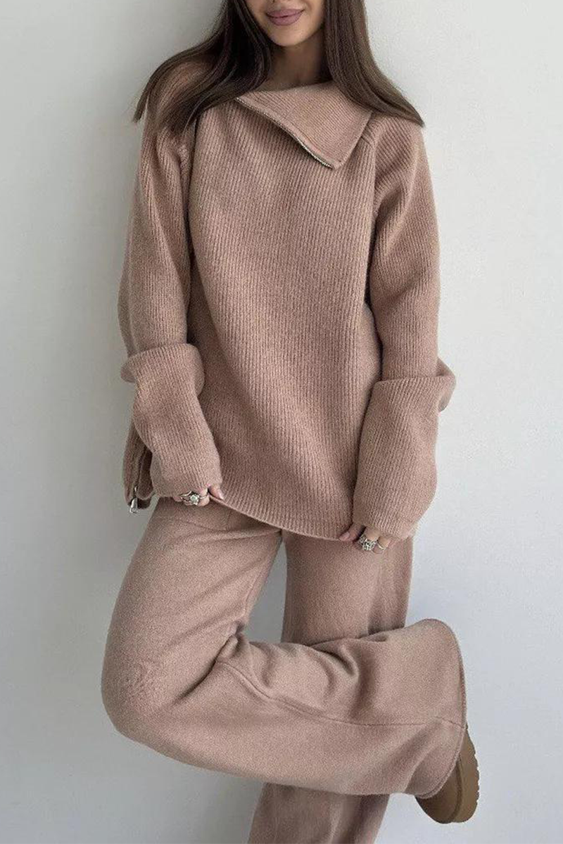 Conjunto informal de dos piezas con cuello con cremallera y manga larga para uso diario (6 colores)