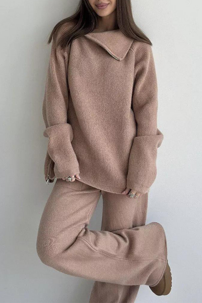 Conjunto informal de dos piezas con cuello con cremallera y manga larga para uso diario (6 colores)