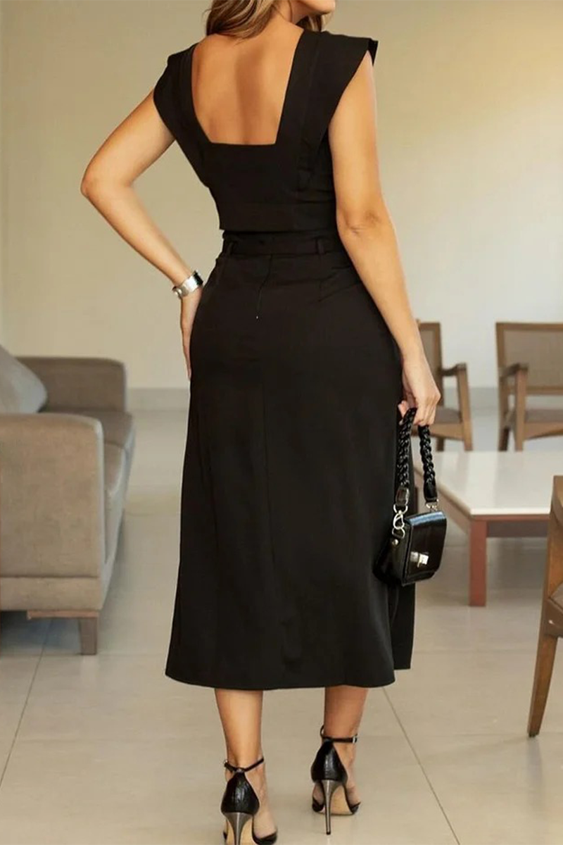 Conjunto informal de dos piezas con cuello redondo, bolsillo y volantes con cinturón