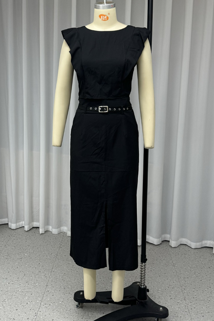 Conjunto informal de dos piezas con cuello redondo, bolsillo y volantes con cinturón