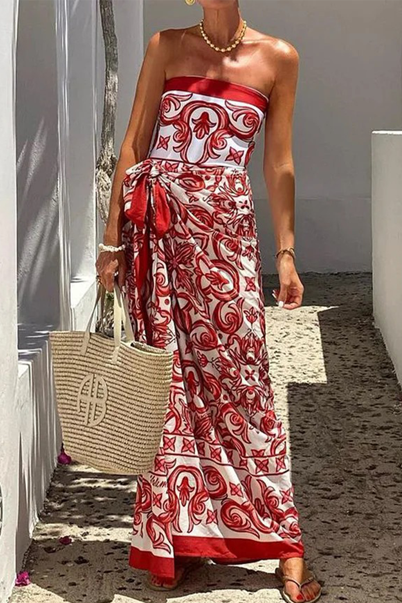 Traje de baño de dos piezas con estampado floral, sexy, sin tirantes, con cordones y sin mangas