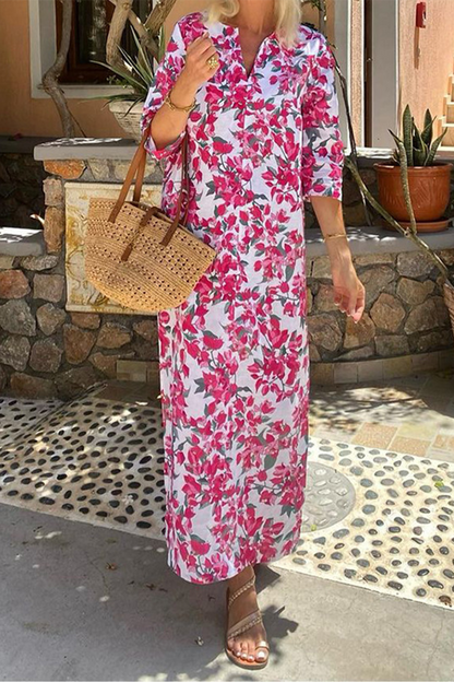 Elegantes vestidos estampados con escote en V y abertura con estampado floral