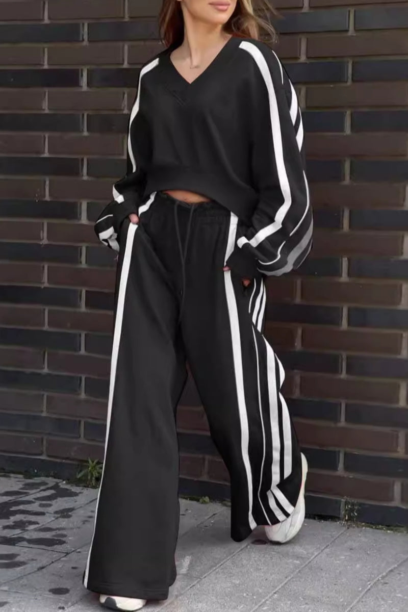 Conjunto informal de dos piezas con cuello en V, manga larga y rayas de patchwork