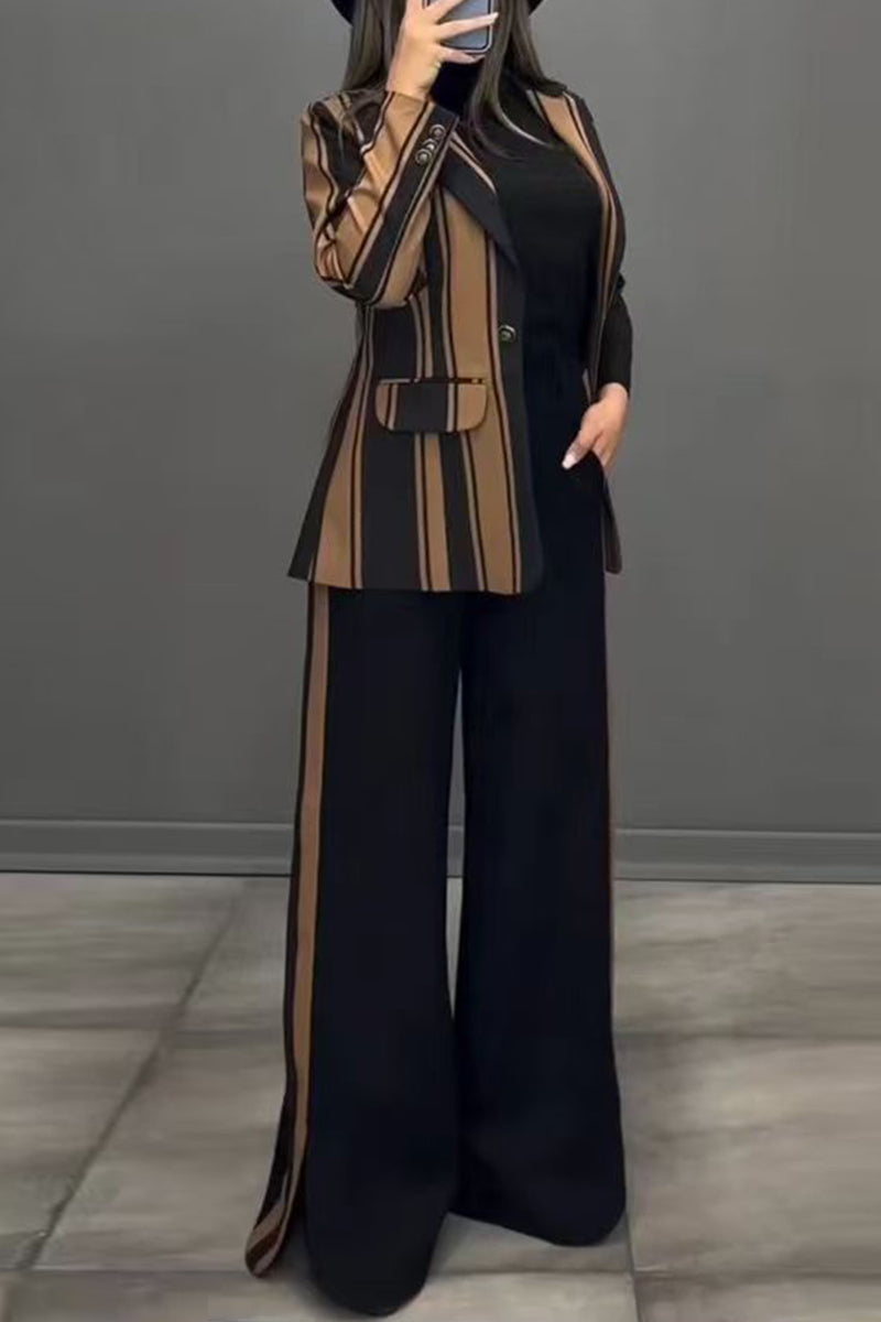 Pantalones casuales de rayas con abertura, cuello vuelto, manga larga, dos piezas (3 colores)