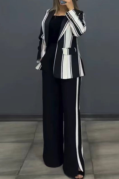 Pantalones casuales de rayas con abertura, cuello vuelto, manga larga, dos piezas (3 colores)