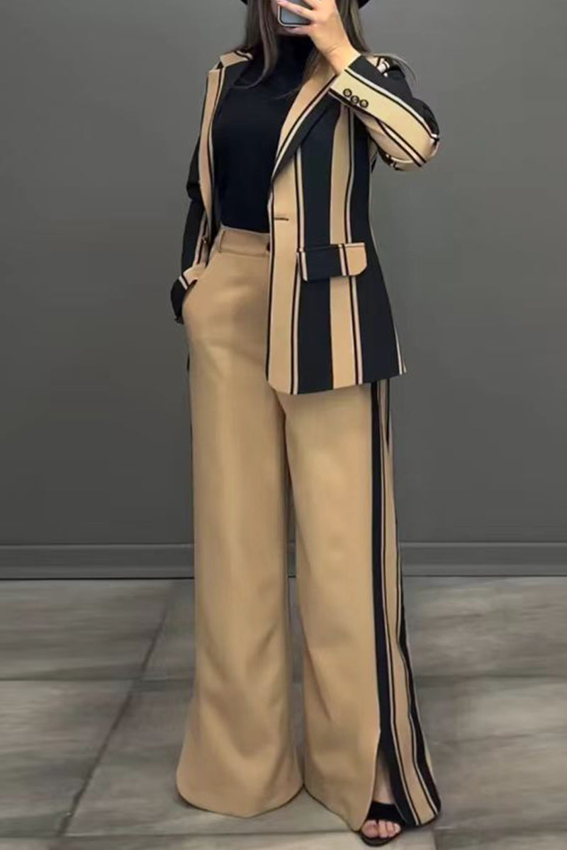 Pantalones casuales de rayas con abertura, cuello vuelto, manga larga, dos piezas (3 colores)