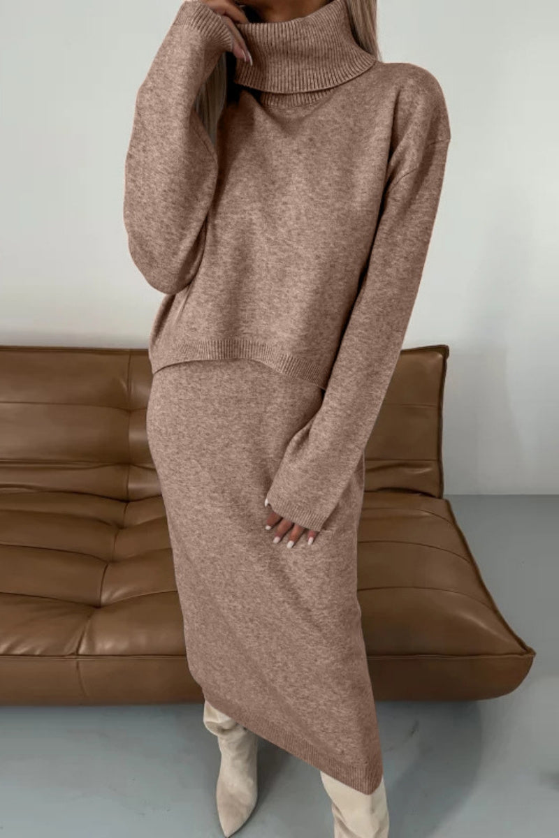 Conjunto informal básico de cuello alto y manga larga de dos piezas (6 colores)