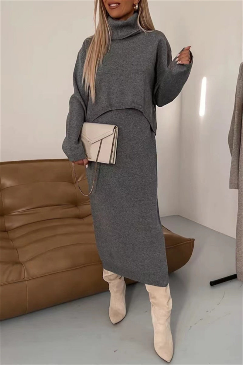 Conjunto informal básico de cuello alto y manga larga de dos piezas (6 colores)