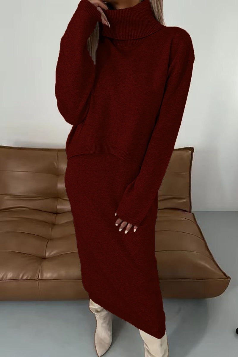 Conjunto informal básico de cuello alto y manga larga de dos piezas (6 colores)