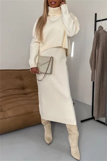 Conjunto informal básico de cuello alto y manga larga de dos piezas (6 colores)