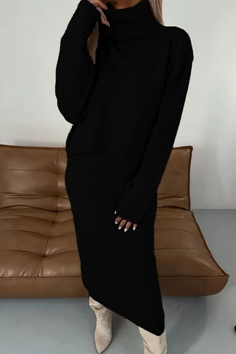 Conjunto informal básico de cuello alto y manga larga de dos piezas (6 colores)